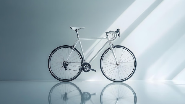 Photo minimalist white road bicycle sleek modern design clean white wall background reflective white floor