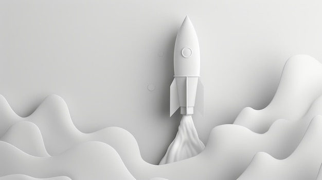 Minimalist white rocket launching into an abstract wavy background symbolizing innovation and futur