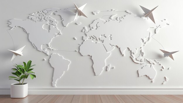 Photo minimalist white room interior with a world map on the wall and paper airplanes