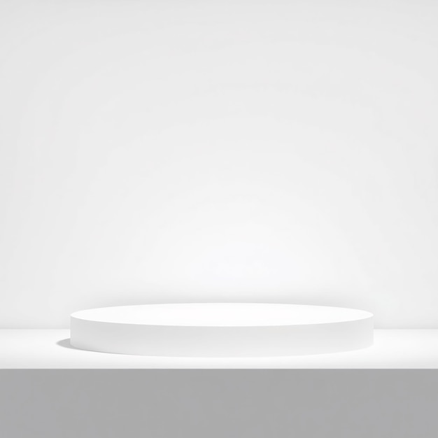 Minimalist white round pedestal on a white surface with white background