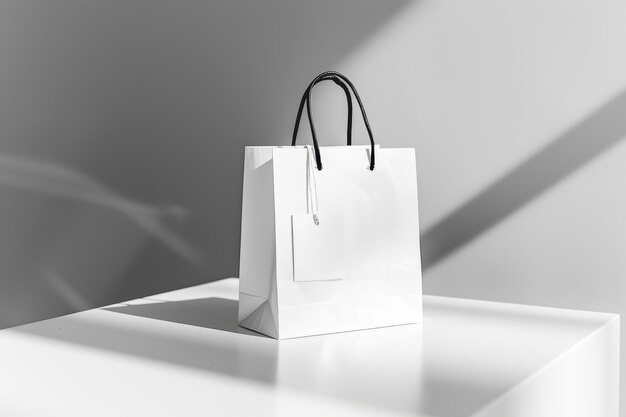 Minimalist White Shopping Bag with Black Handles on Clean White Table Modern Design for Branding