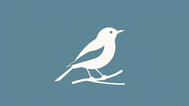 Minimalist white silhouette of a bird perched on a branch against a blue background