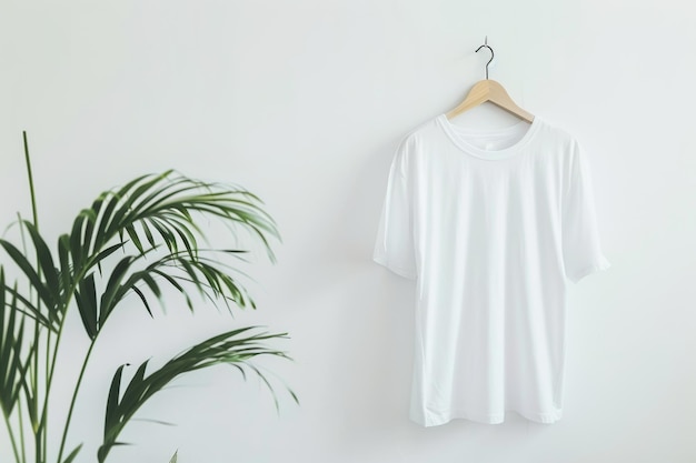 Minimalist White T Shirt on Hanger with Indoor Plant Against Clean Wall