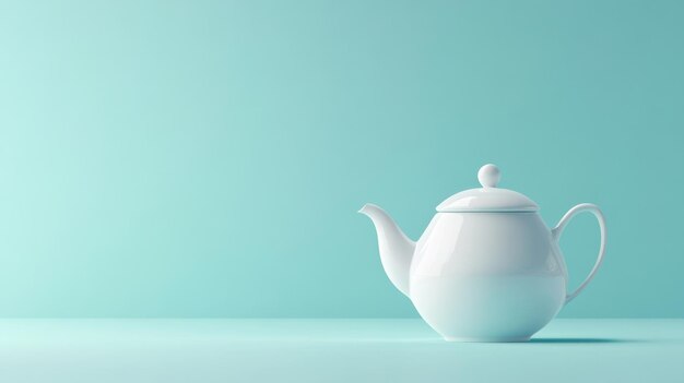 Photo a minimalist white teapot set against a soft turquoise background perfect for a calming and elegant kitchen aesthetic