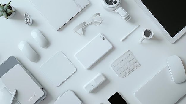 Minimalist White Tech Workspace A flat lay showcasing a clean and modern workspace featuring