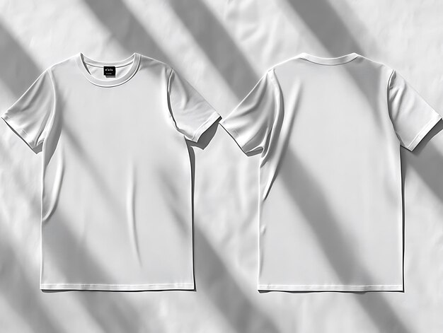 Photo minimalist white tshirt mockup template with shadows on a plain background showcasing front and back design for branding print and fashion presentation