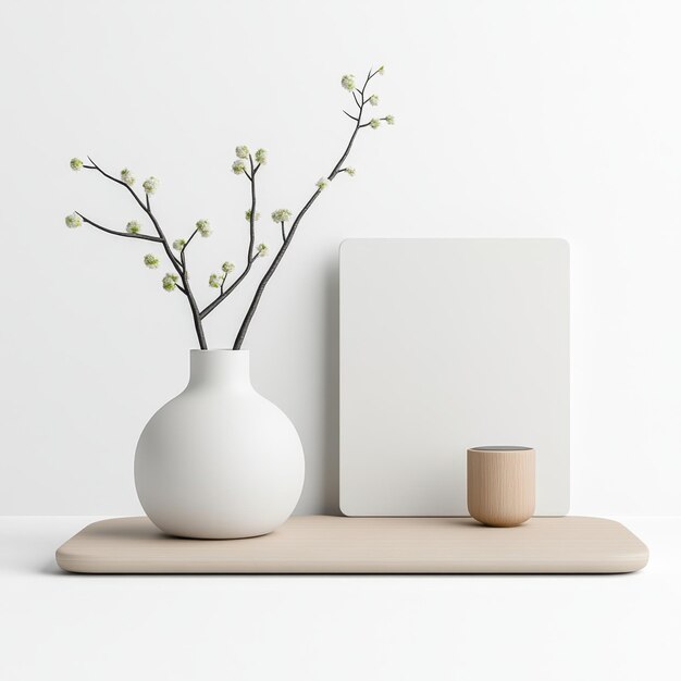 Photo minimalist white vase with branch and wooden platform