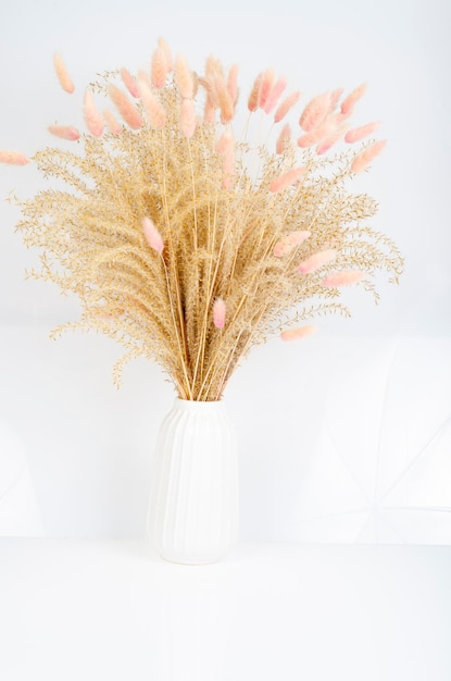 Minimalist white vase with dried up flowers. Studio Photo