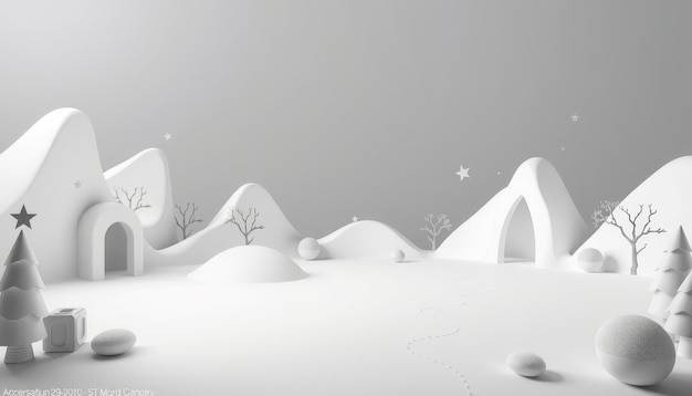 Minimalist white winter landscape with a path and stars