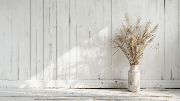 Photo minimalist white wood wall with pampas grass in rustic vase neutral home decor background