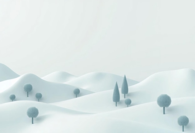 Minimalist winter landscape with small trees on snowy hills