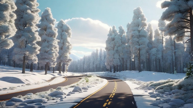 Photo minimalist winter road photorealistic view of dense trees and snowy landscape