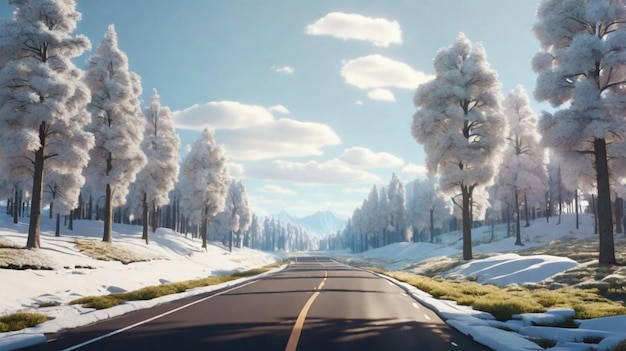 Minimalist Winter Road Photorealistic View of Dense Trees and Snowy Landscape