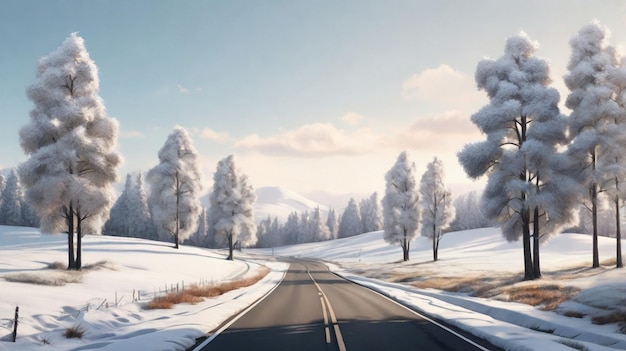 Photo minimalist winter road photorealistic view of dense trees and snowy landscape