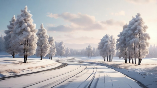 Photo minimalist winter road photorealistic view of dense trees and snowy landscape