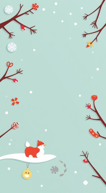 Minimalist winter scene with a snowman on a cloud and red branches