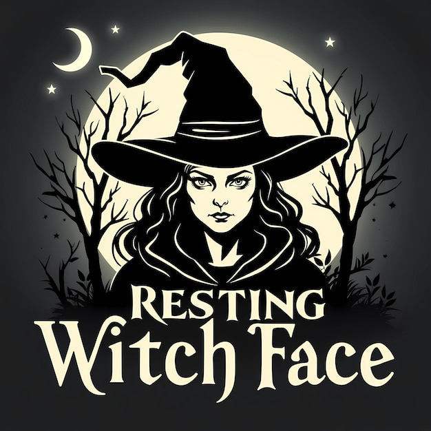 Photo minimalist witch outline tshirt design resting witch face with gothic font