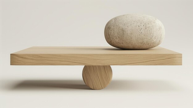 Photo minimalist wood balance sculpture with stone round wooden support abstract composition harmony