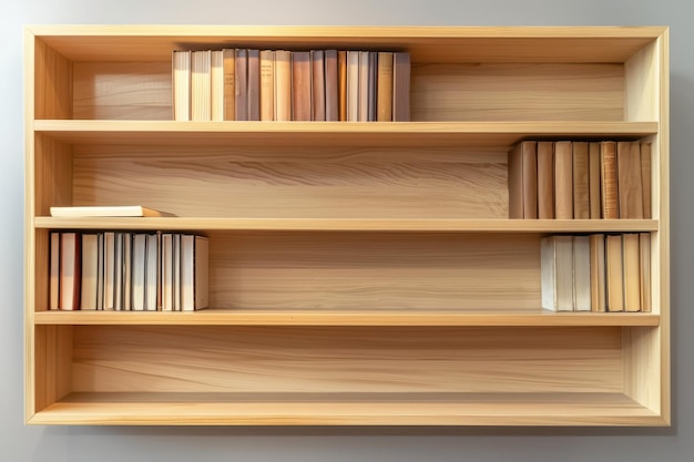 Photo minimalist wooden bookshelf displaying neatly arranged books in a modern setting