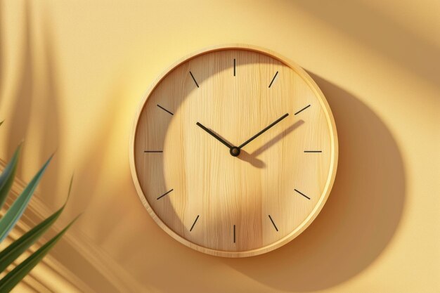 Minimalist wooden clock telling time on yellow wall