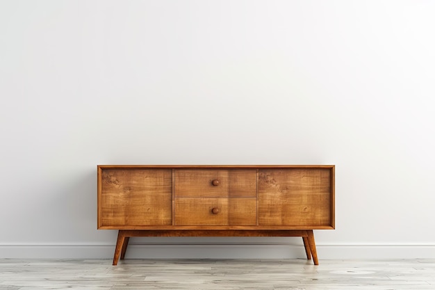 Minimalist wooden credenza against white wall on a hardwood floo