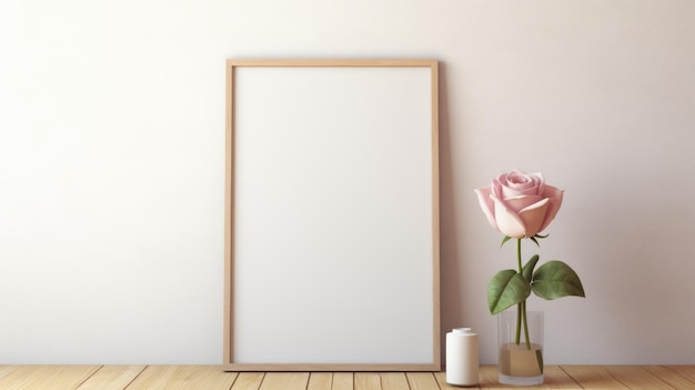 Minimalist Wooden Frame With Pink Rose On Table Japanese Style 3d Render