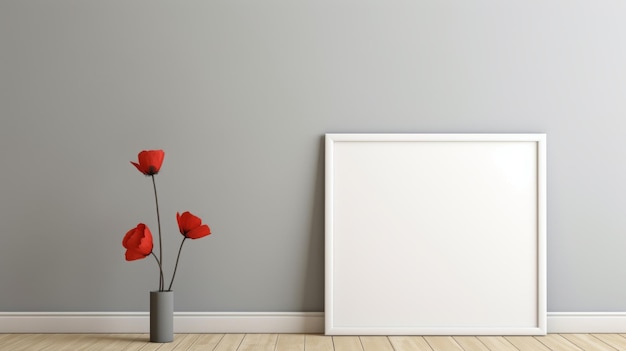 Minimalist Wooden Frame With Poppy Flower On Grey Floor