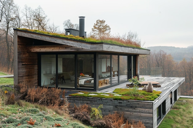 Photo minimalist wooden house with green roof