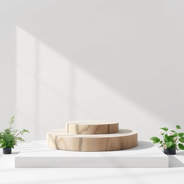 Minimalist Wooden Podium with Plants on a White Background