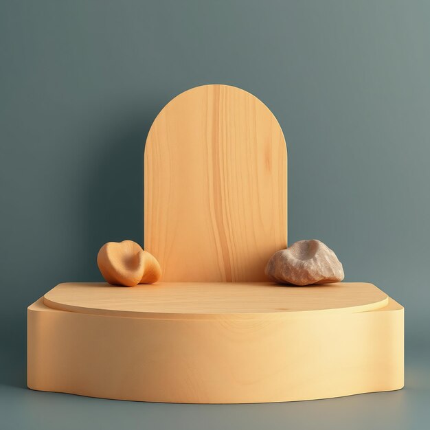 Photo minimalist wooden podium with rock and abstract shape