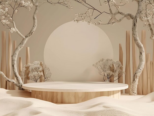 Minimalist Wooden Podium with a Tranquil Natural Background A Creative Exhibition Stand