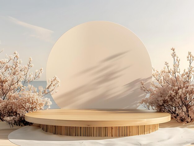 Minimalist Wooden Podium with a Tranquil Natural Background A Creative Exhibition Stand