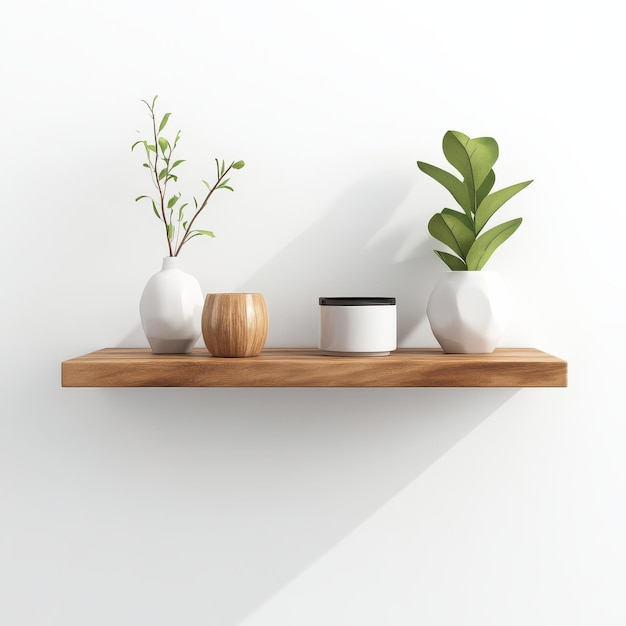 Photo a minimalist wooden shelf featuring decorative plants and ceramics against a clean white background in a modern interior setting