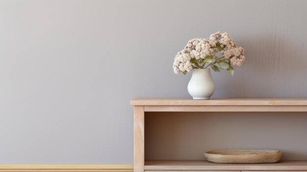 Minimalist Wooden Shelf With Hydrangea And Tonalist Color Scheme