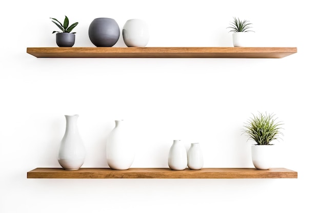 Minimalist Wooden Shelf with Plants and Vases