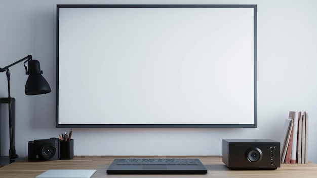 Minimalist Workspace Featuring a Blank White Projector Screen and Laptop Setup