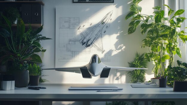 Photo minimalist workspace inspiration jet blueprint greenery