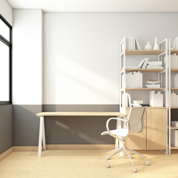 Minimalist workspace room with table and chair, shelf and cabinet. 3d rendering