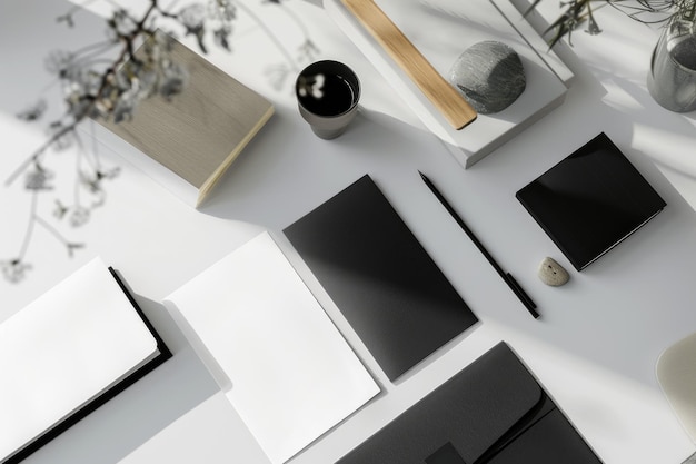 Minimalist Workspace with Black and White Notebooks Coffee and Desk Accessories