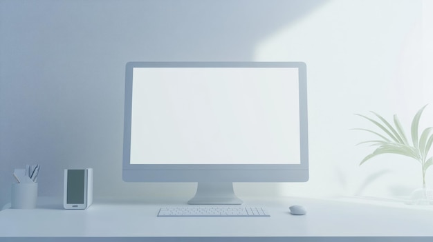 Photo minimalist workspace with blank computer screen