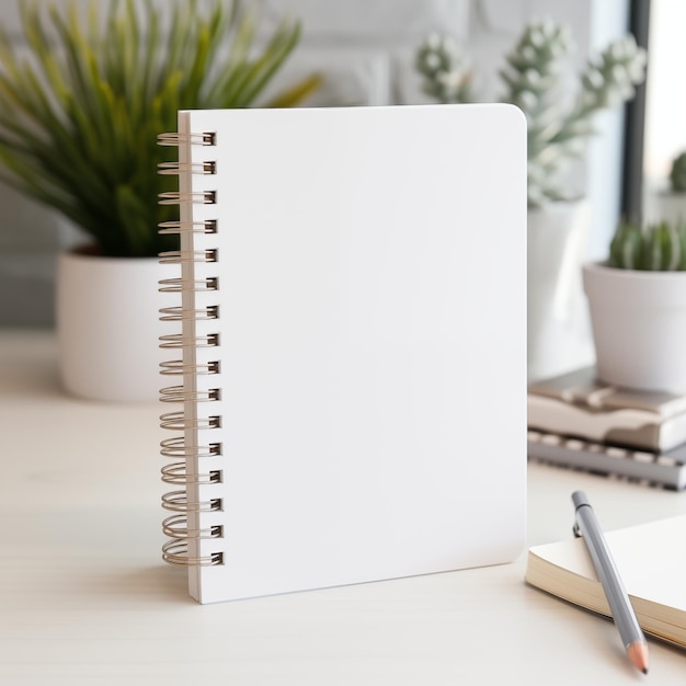 Minimalist workspace with a blank spiral notebook pen and potted plants