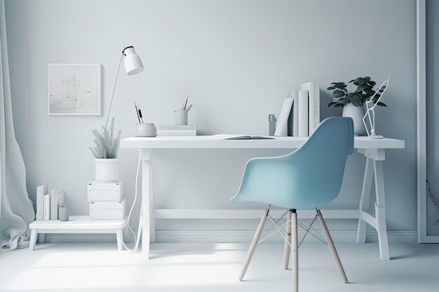 Minimalist workspace with a blue chair and white desk Generative AI