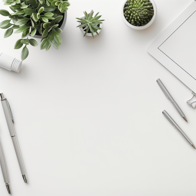 Photo a minimalist workspace with greenery and stationery on a white desk