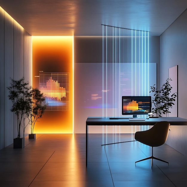 Minimalist Workspace with Holographic Display and Modern Decor