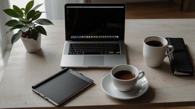 Minimalist workspace with a laptop and coffee