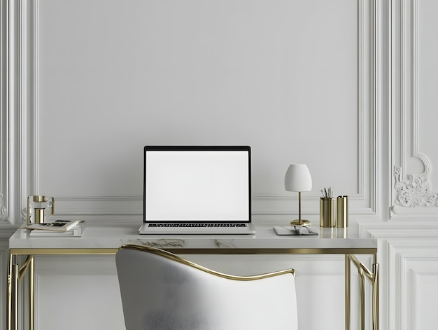 Photo minimalist workspace with laptop and gold accents