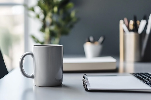 Photo minimalist workspace with laptop mug and notebook