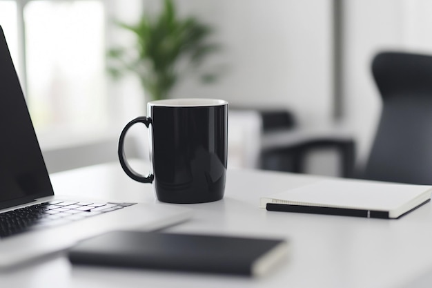 Photo minimalist workspace with laptop mug and notebook