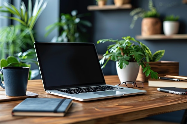 Minimalist Workspace with Laptop and Notepad Clean desk with a laptop notepad and minimal accessories Emphasis on functionality and simplicity