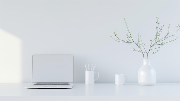 Photo minimalist workspace with sleek laptop on white desk by idea24club